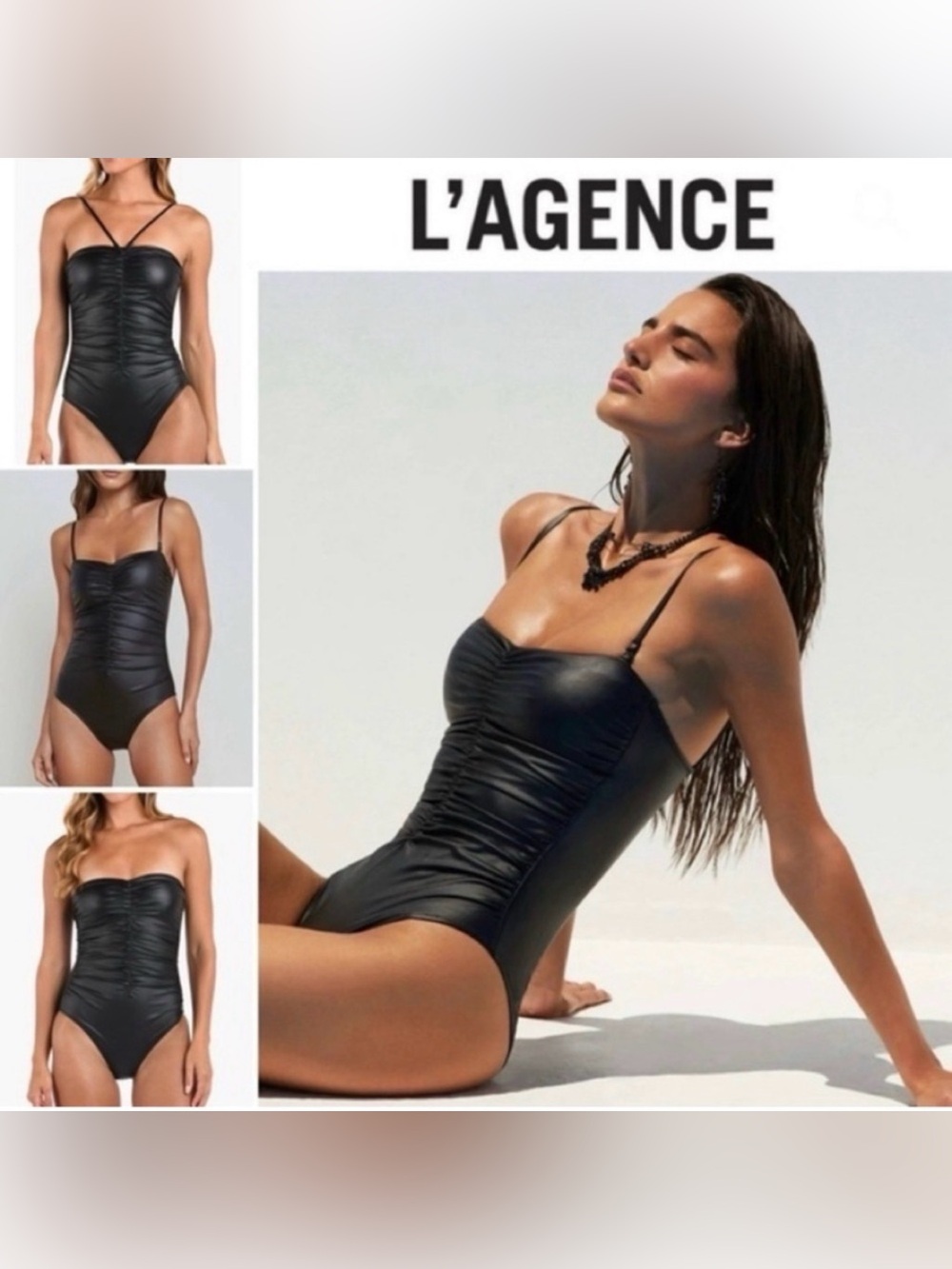L’AGENCE Aubrey Ruched Faux Leather One-Piece Swimsuit in Black; Size: X-Large